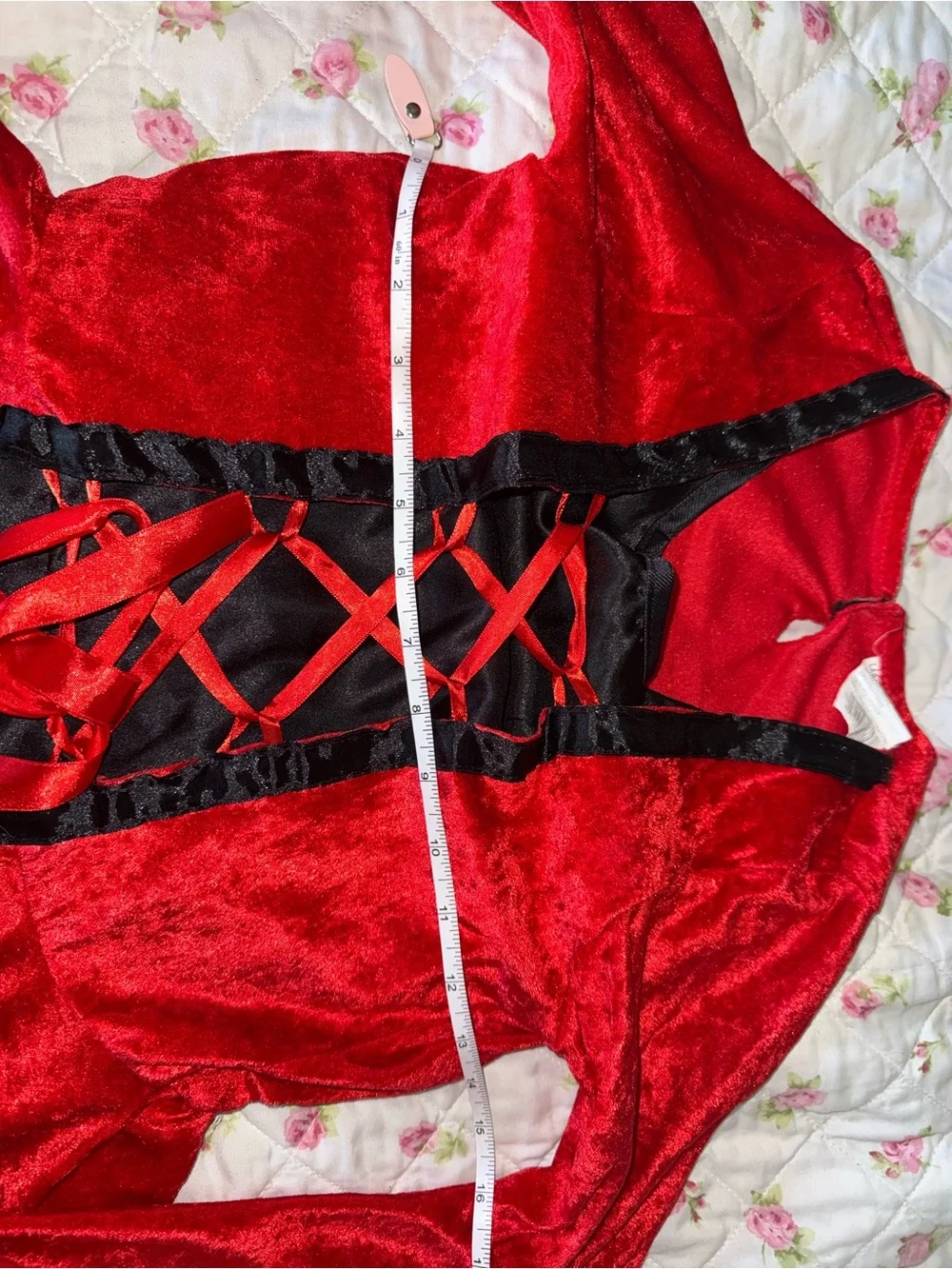 Red velvet dress with black trim and lace-up front, size L
